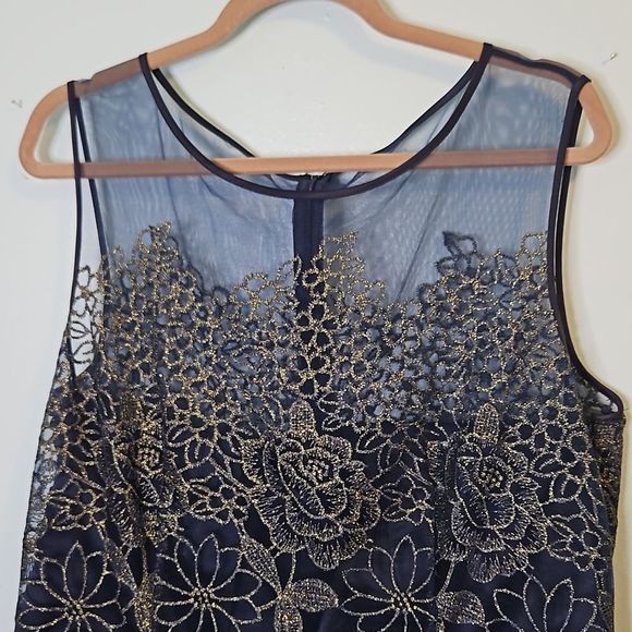 Tahari Arthur S. Levine, navy blue with gold floral print dress. Size 16. - Picture 2 of 4